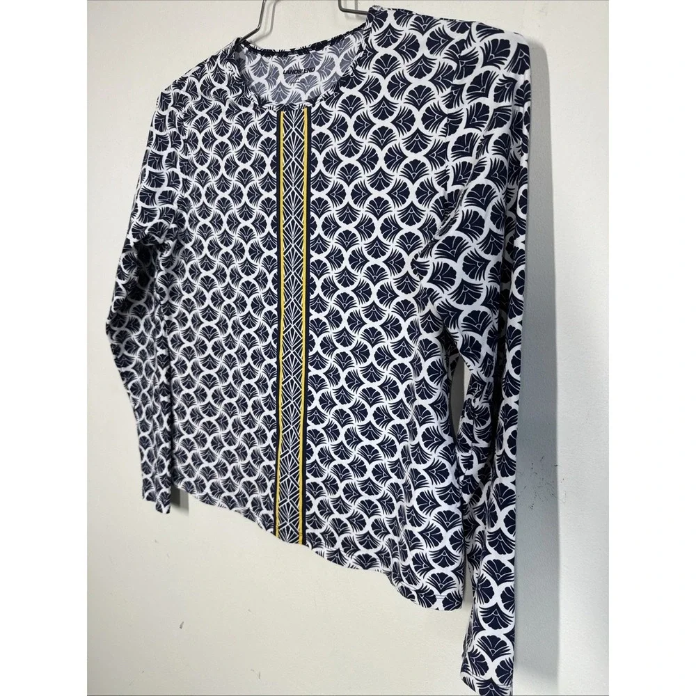 Lands End Women's Deep Sea Prism Rash-guard Swimsuit Top Long Sleeve Size S UPF+